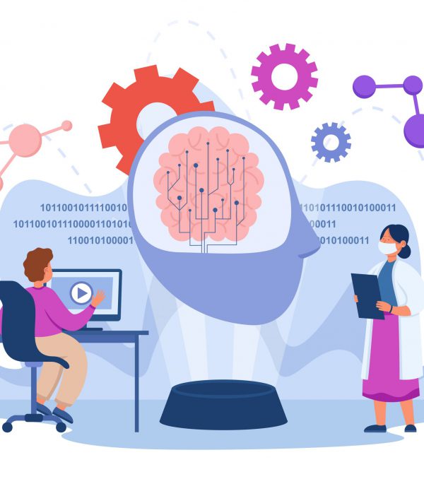 Tiny scientists developing AI using machine learning. Brain computing data flat vector illustration. Artificial intelligence, technology, science concept for banner, website design or landing web page